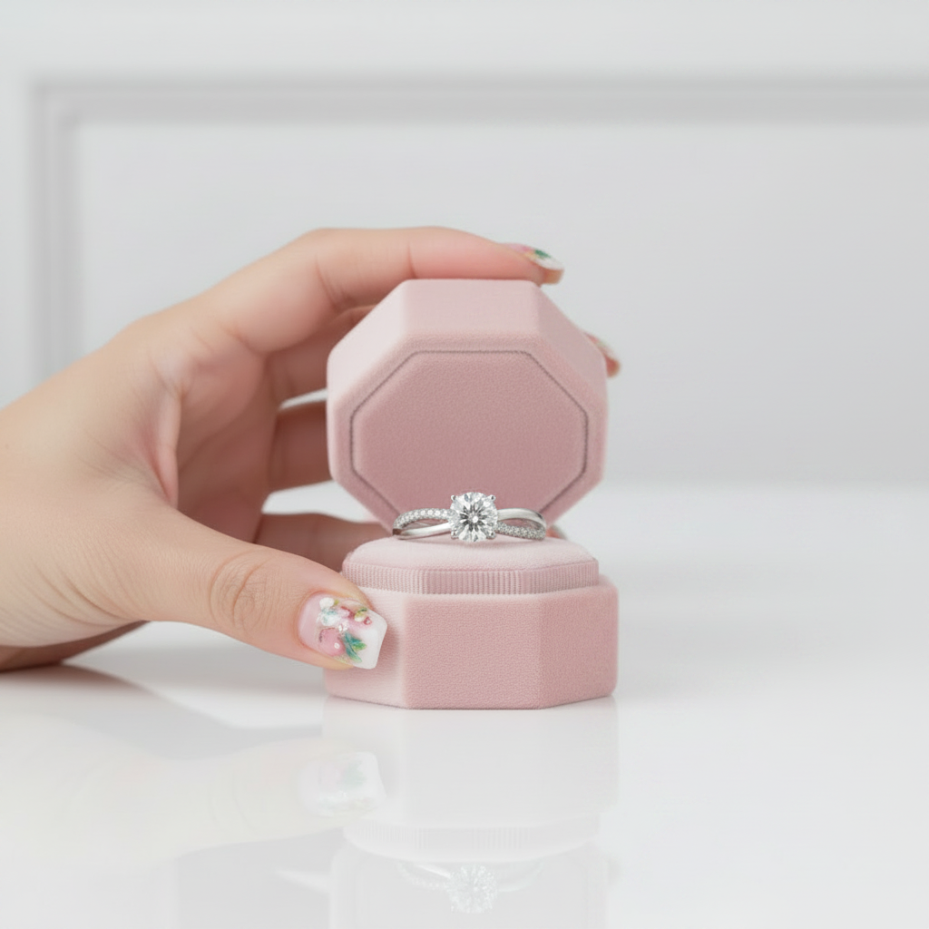 Hand holding a pink jewelry box with a diamond ring on a light background