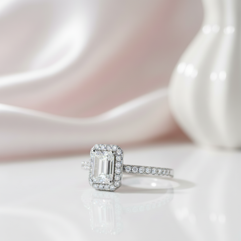 1ct Classic Emerald Cut Halo Diamond Option Engagement Ring-Black Diamonds New York