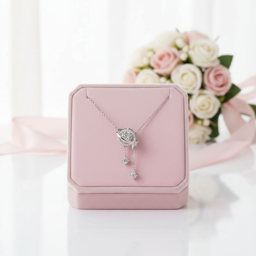 A silver-toned evil eye pendant necklace with clear gemstones is displayed on a pink jewelry box, with a soft-focus bouquet of white and pink roses in the background.