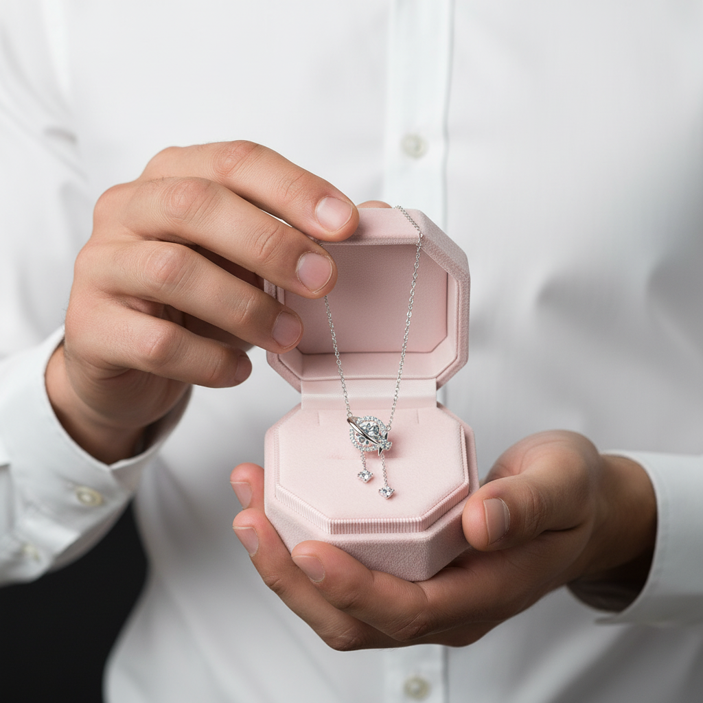 A close-up of a person in a white button-down shirt holding an open light pink jewelry box. Inside the box is a silver-toned necklace with a geometric pendant and matching drop earrings.