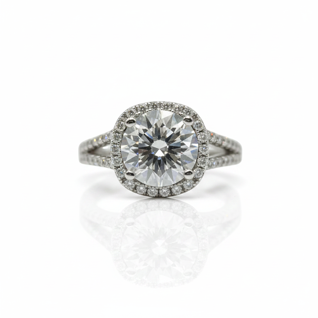 A round-cut halo ring featuring a large center stone surrounded by a halo of smaller stones, set on a split shank with pavé accents, photographed on a white background with a soft reflection below.