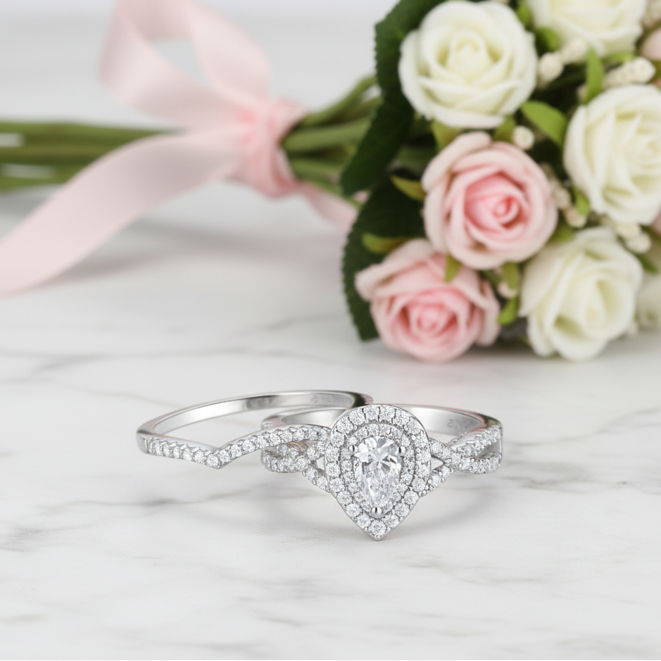 2 Pcs Halo Pear Cut Diamond Option Engagement Ring-Black Diamonds New York