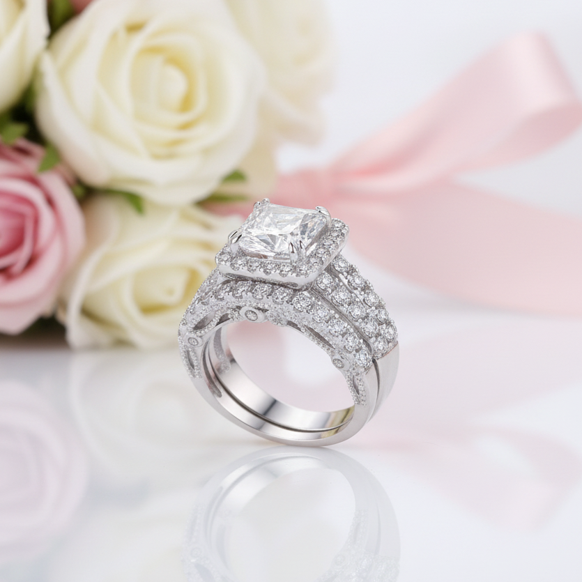 2 Pcs Princess Cut Diamond Option Halo Split Shank Engagement Ring Set-Black Diamonds New York