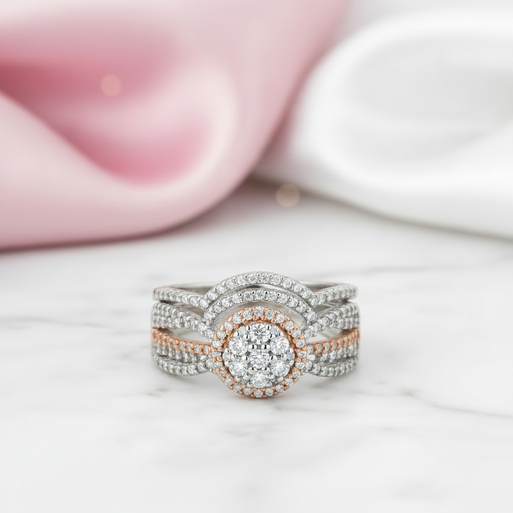 2 pcs Rose Gold Round Cut Diamond Option Halo Engagement Ring-Black Diamonds New York