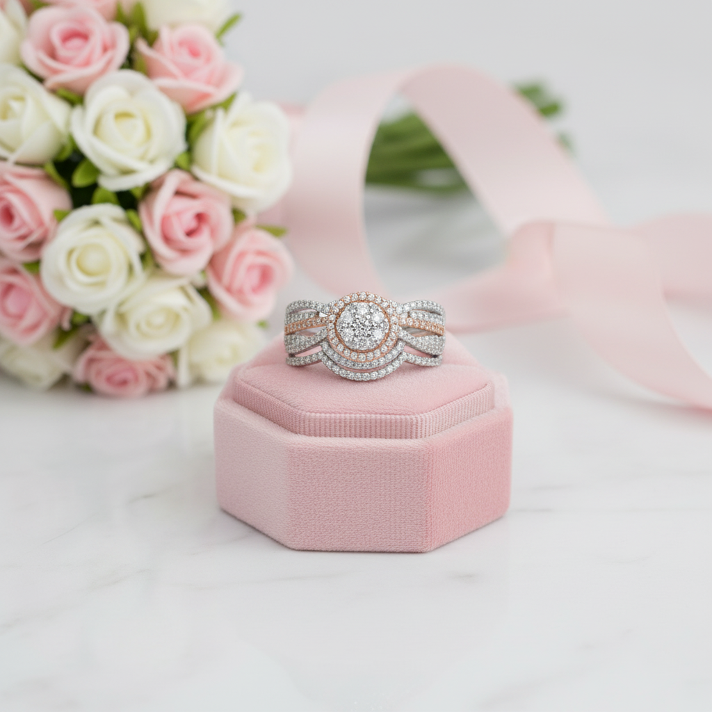 2 pcs Rose Gold Round Cut Diamond Option Halo Engagement Ring-Black Diamonds New York