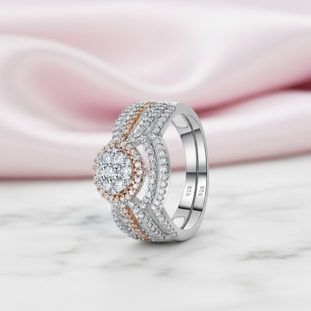 2 pcs Rose Gold Round Cut Diamond Option Halo Engagement Ring-Black Diamonds New York