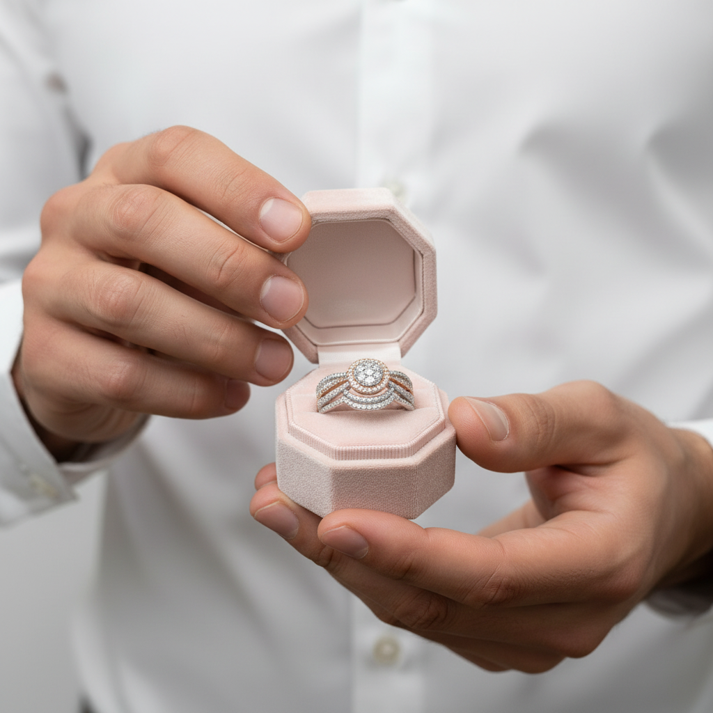 2 pcs Rose Gold Round Cut Diamond Option Halo Engagement Ring-Black Diamonds New York