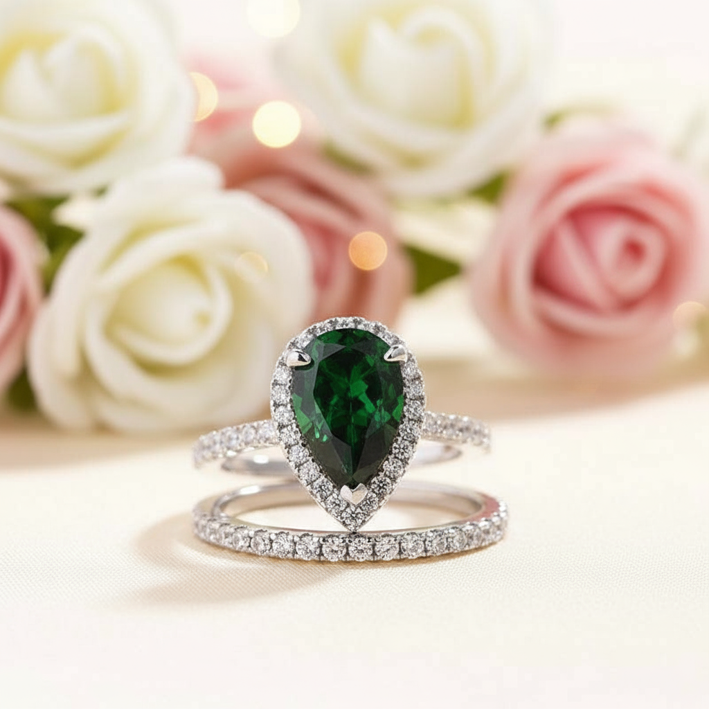 2.2 Carat Emerald Green Halo Pear Cut Wedding Set-Black Diamonds New York