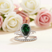 2.2 Carat Emerald Green Halo Pear Cut Wedding Set-Black Diamonds New York