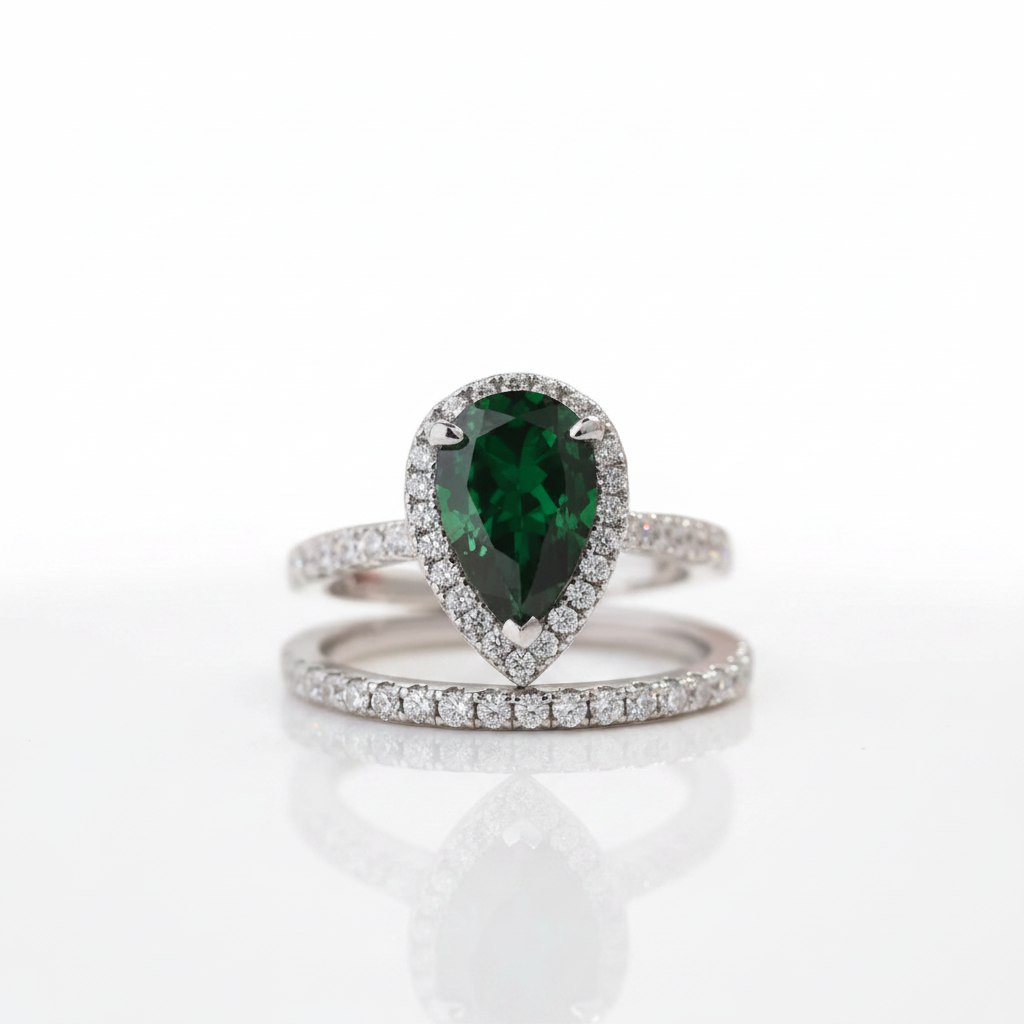 2.2 Carat Emerald Green Halo Pear Cut Wedding Set-Black Diamonds New York