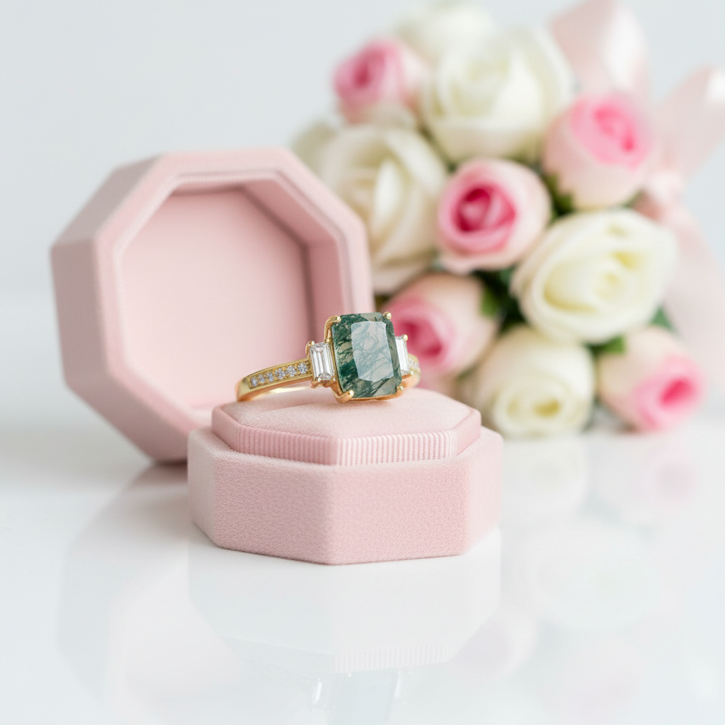 2.38 ct Emerald Cut Natural Gemstone There Stone Engagement Ring