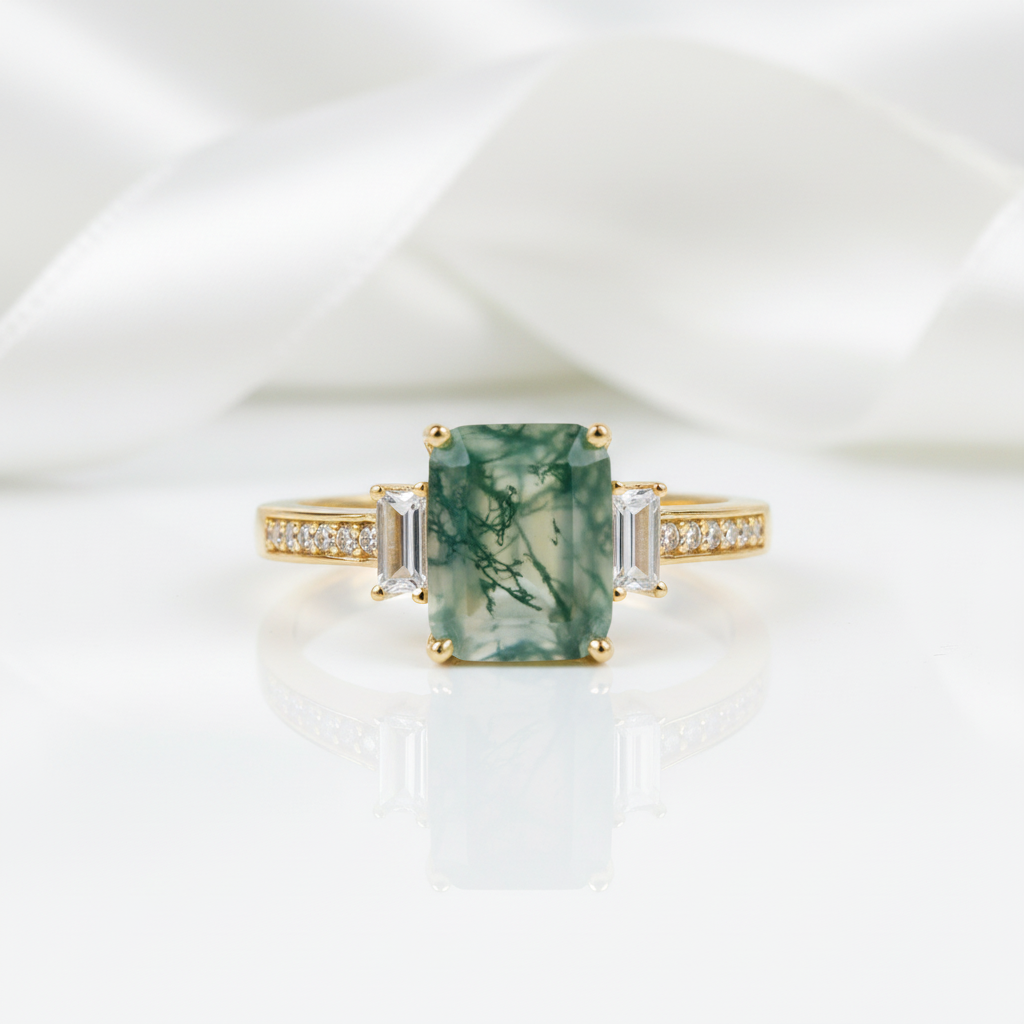 2.38 ct Emerald Cut Natural Gemstone There Stone Engagement Ring