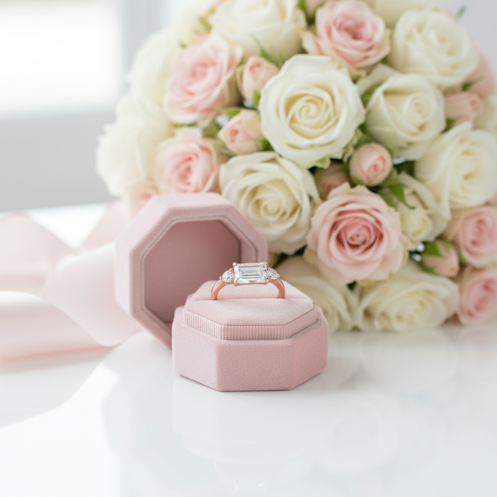 Engagement ring in a pink box with a bouquet of roses in the background
