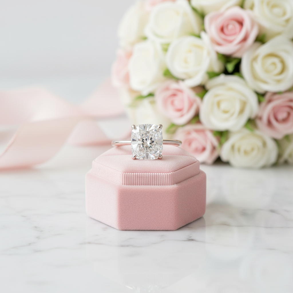 A radiant cut diamond engagement ring on a silver band, displayed on a pink velvet ring box with a pink rose bouquet in the background.