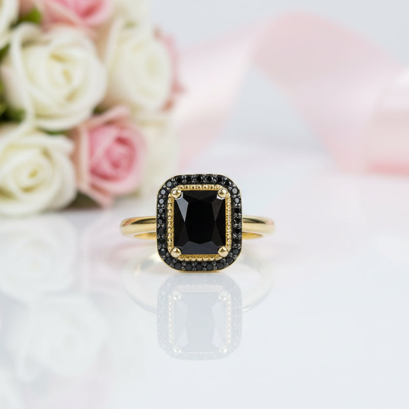 2.6ct Radiant Cut Black Spinel Classic Halo Engagement Ring-Black Diamonds New York