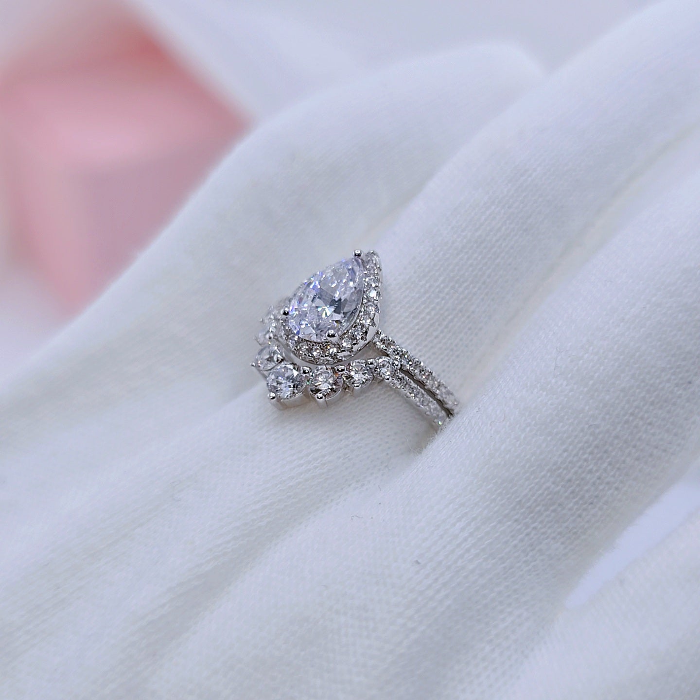 VIP 2.7Ct Halo Pear Cut Moissanite Engagement Ring Set-Black Diamonds New York