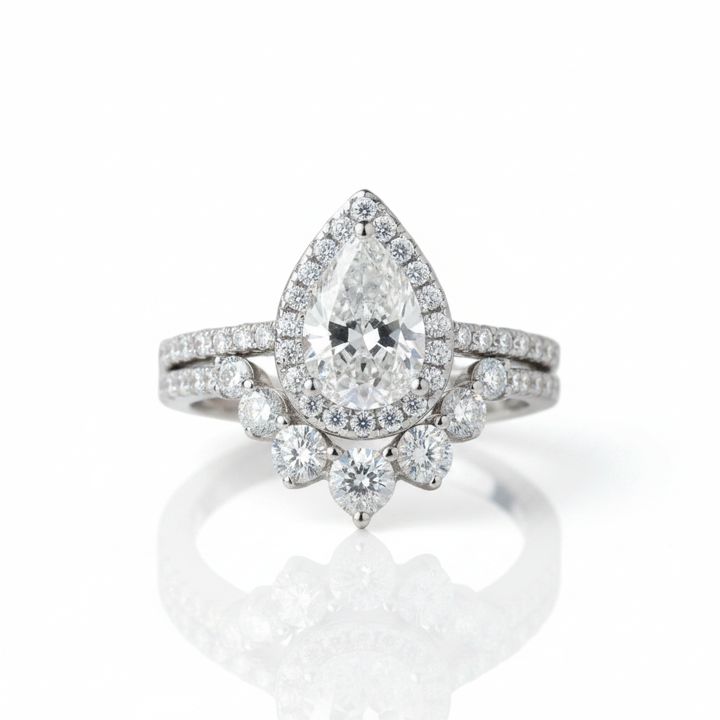 2.7Ct Halo Pear Cut Diamond Option Engagement Ring Set-Black Diamonds New York
