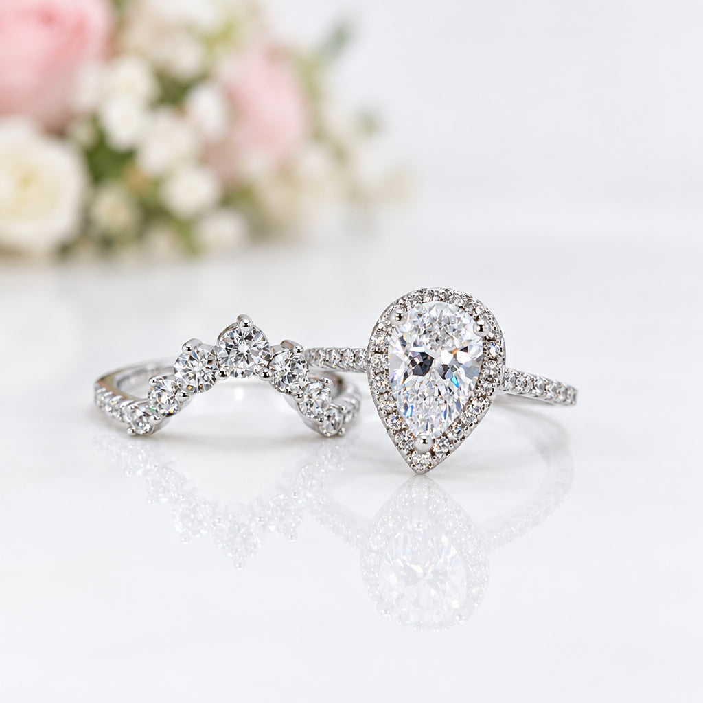 VIP 2.7Ct Halo Pear Cut Moissanite Engagement Ring Set-Black Diamonds New York