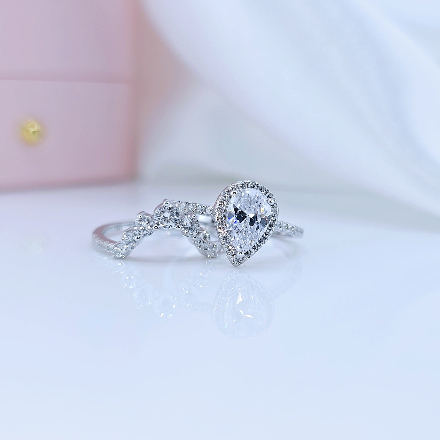 VIP 2.7Ct Halo Pear Cut Moissanite Engagement Ring Set-Black Diamonds New York