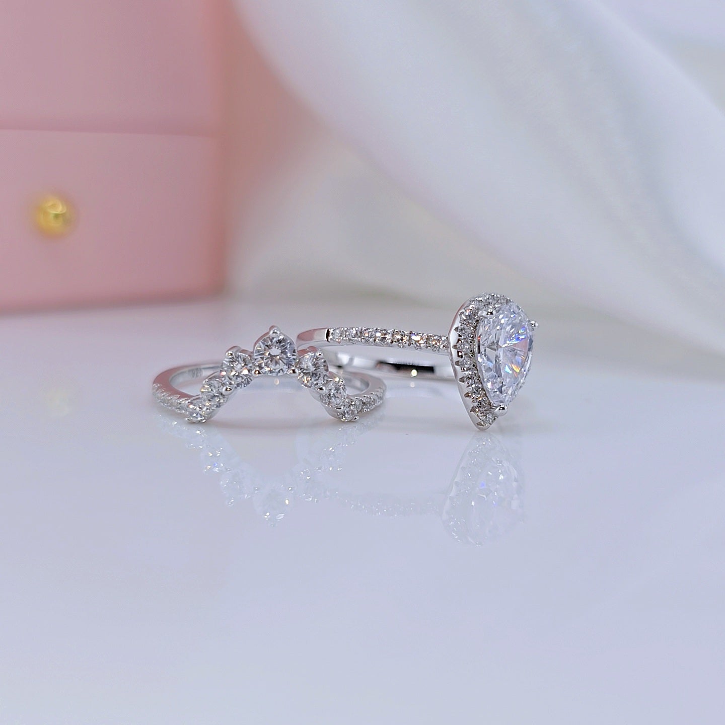 VIP 2.7Ct Halo Pear Cut Moissanite Engagement Ring Set-Black Diamonds New York