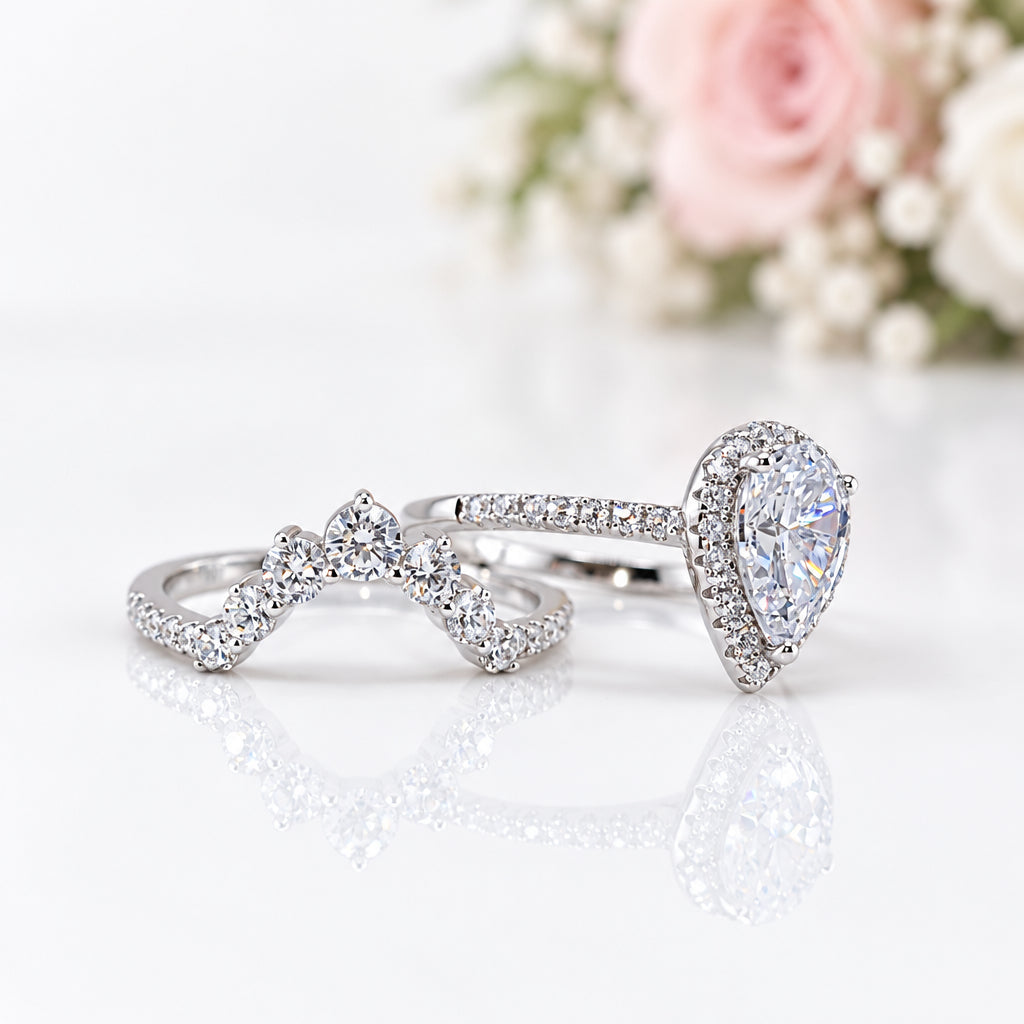 VIP 2.7Ct Halo Pear Cut Moissanite Engagement Ring Set-Black Diamonds New York
