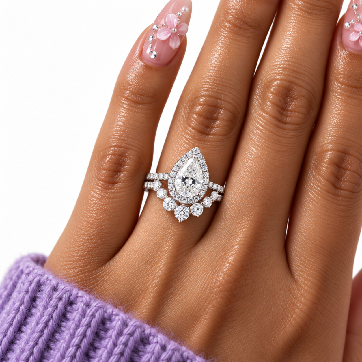 2.7Ct Halo Pear Cut Diamond Option Engagement Ring Set-Black Diamonds New York