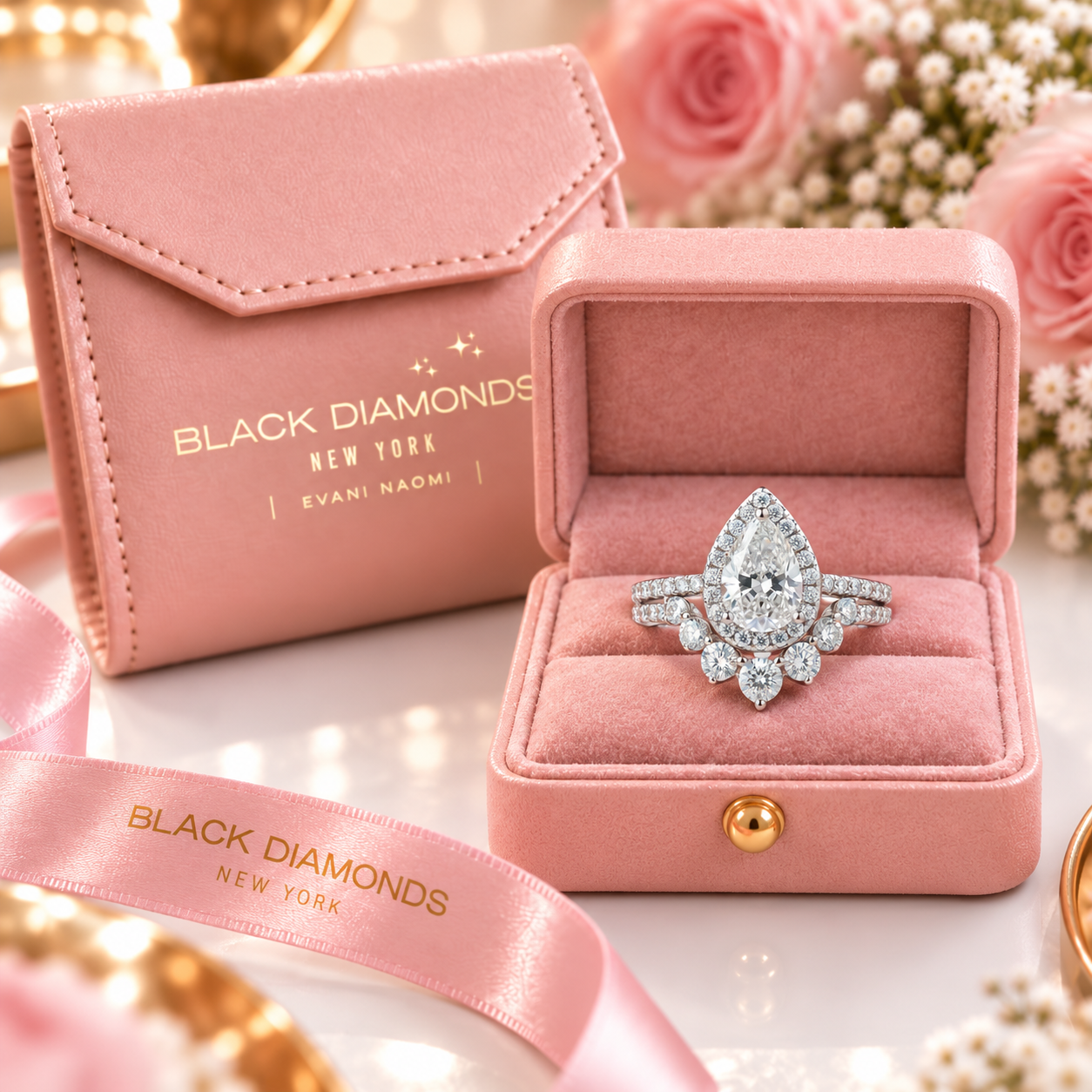 2.7Ct Halo Pear Cut Diamond Option Engagement Ring Set-Black Diamonds New York