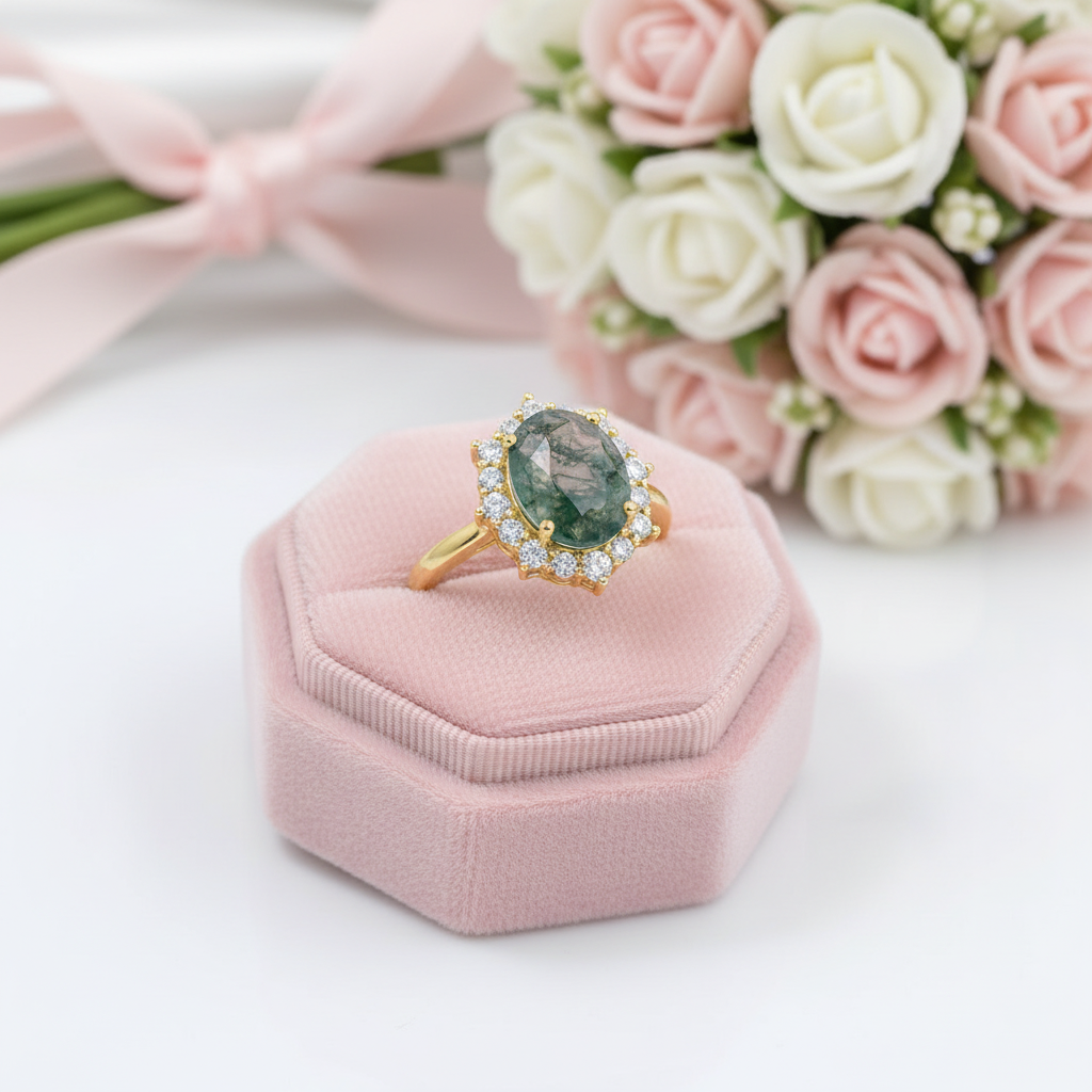 2.85 ct Moss Agate Oval Cut Cluster Halo Engagement Ring-Black Diamonds New York