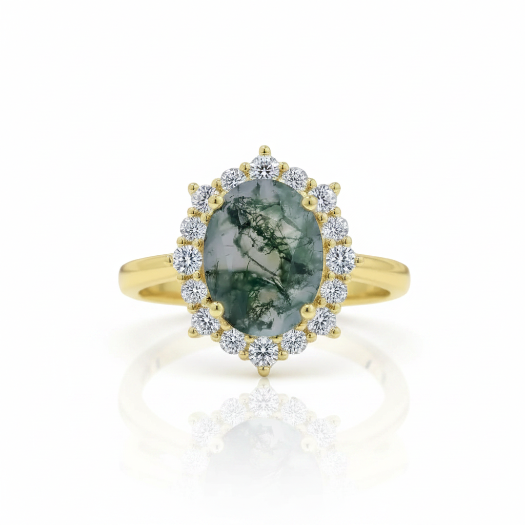 2.85 ct Moss Agate Oval Cut Cluster Halo Engagement Ring-Black Diamonds New York