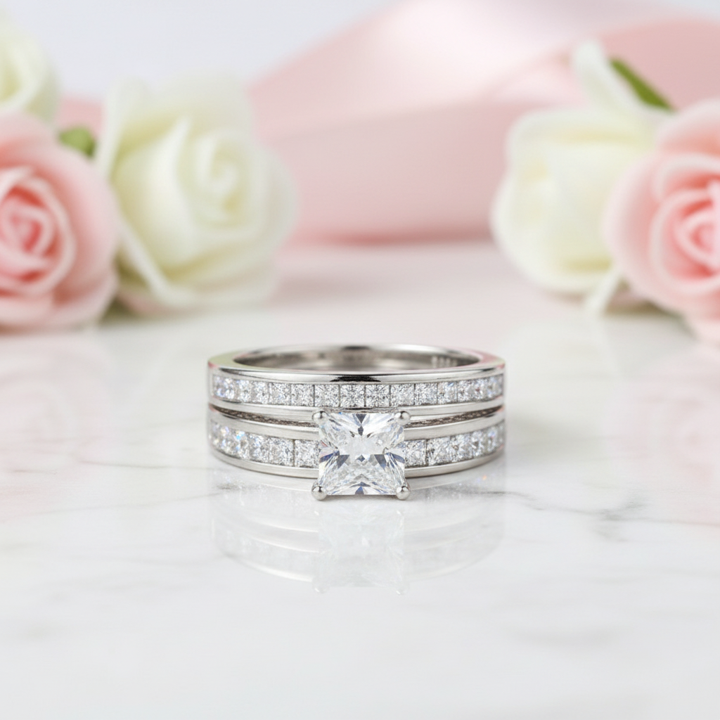 2.96 Ct Princess Cut White Diamond Ring Set-Black Diamonds New York