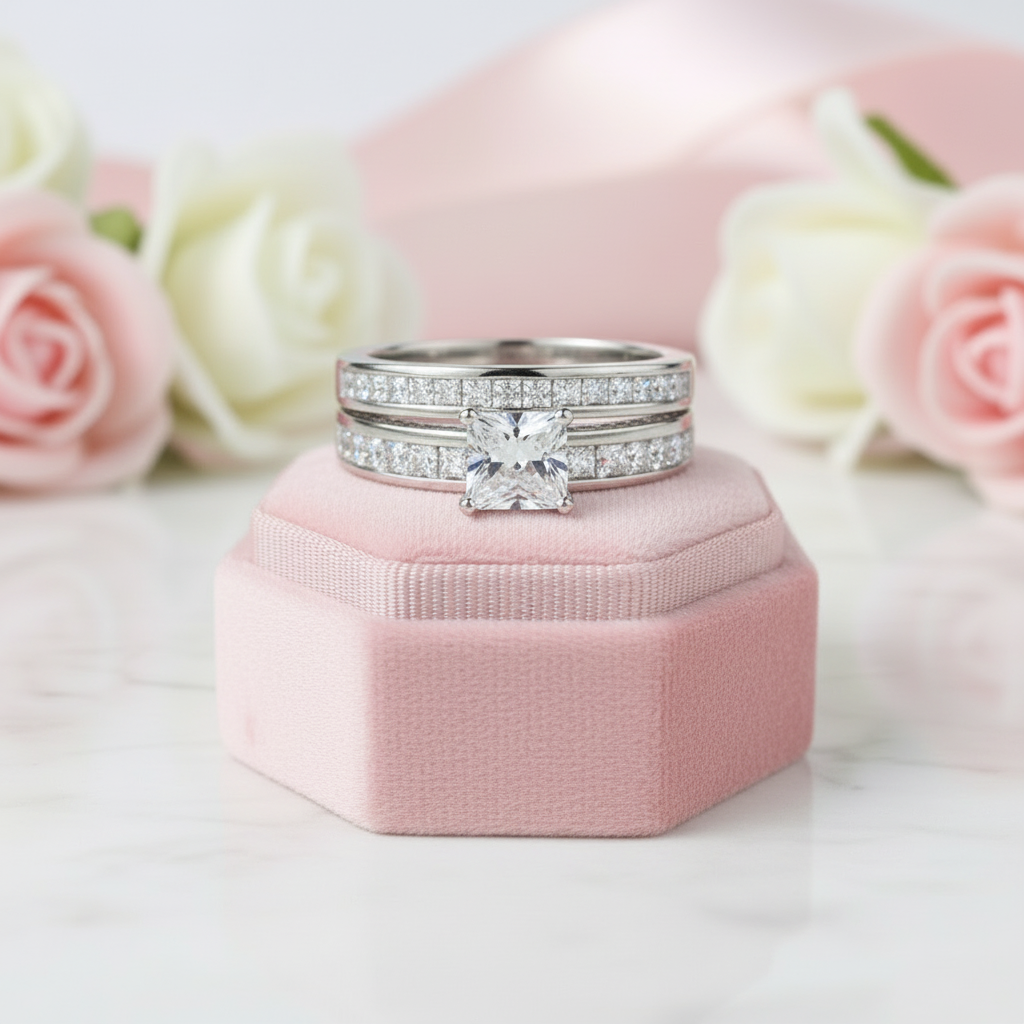 2.96 Ct Princess Cut White Diamond Ring Set-Black Diamonds New York