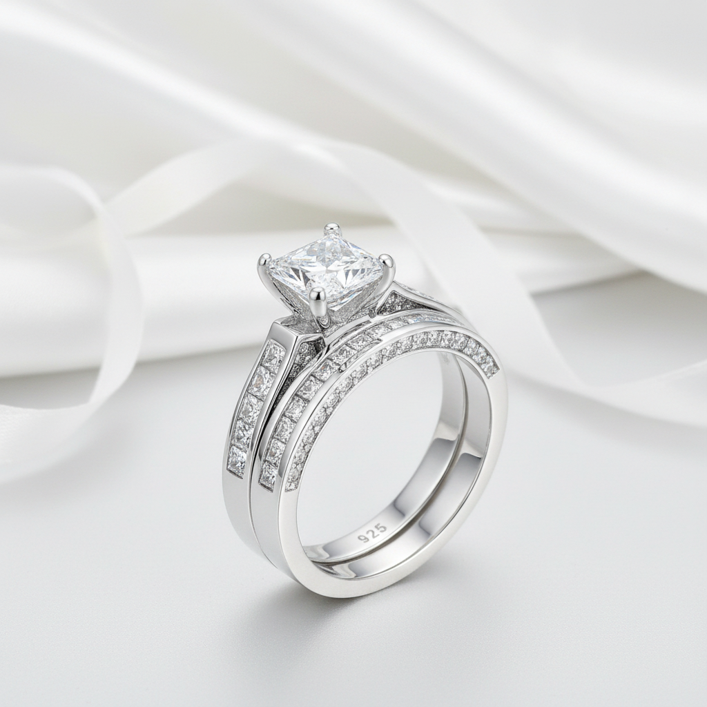 2.96 Ct Princess Cut White Diamond Ring Set-Black Diamonds New York