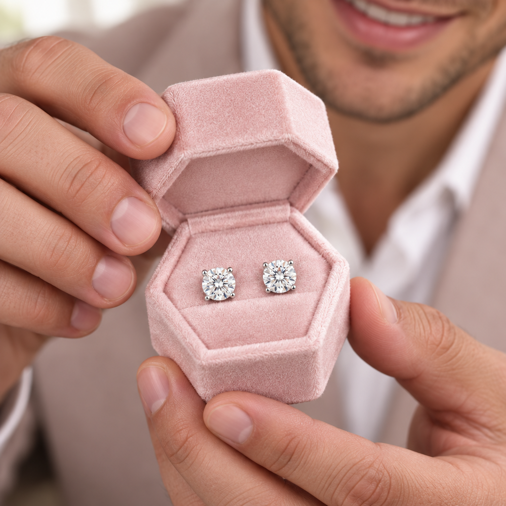 A close-up of a person holding an open pink velvet ring box with two round diamond stud earrings inside. The person is wearing a light beige blazer and white collared shirt, with their hands and lower face visible.