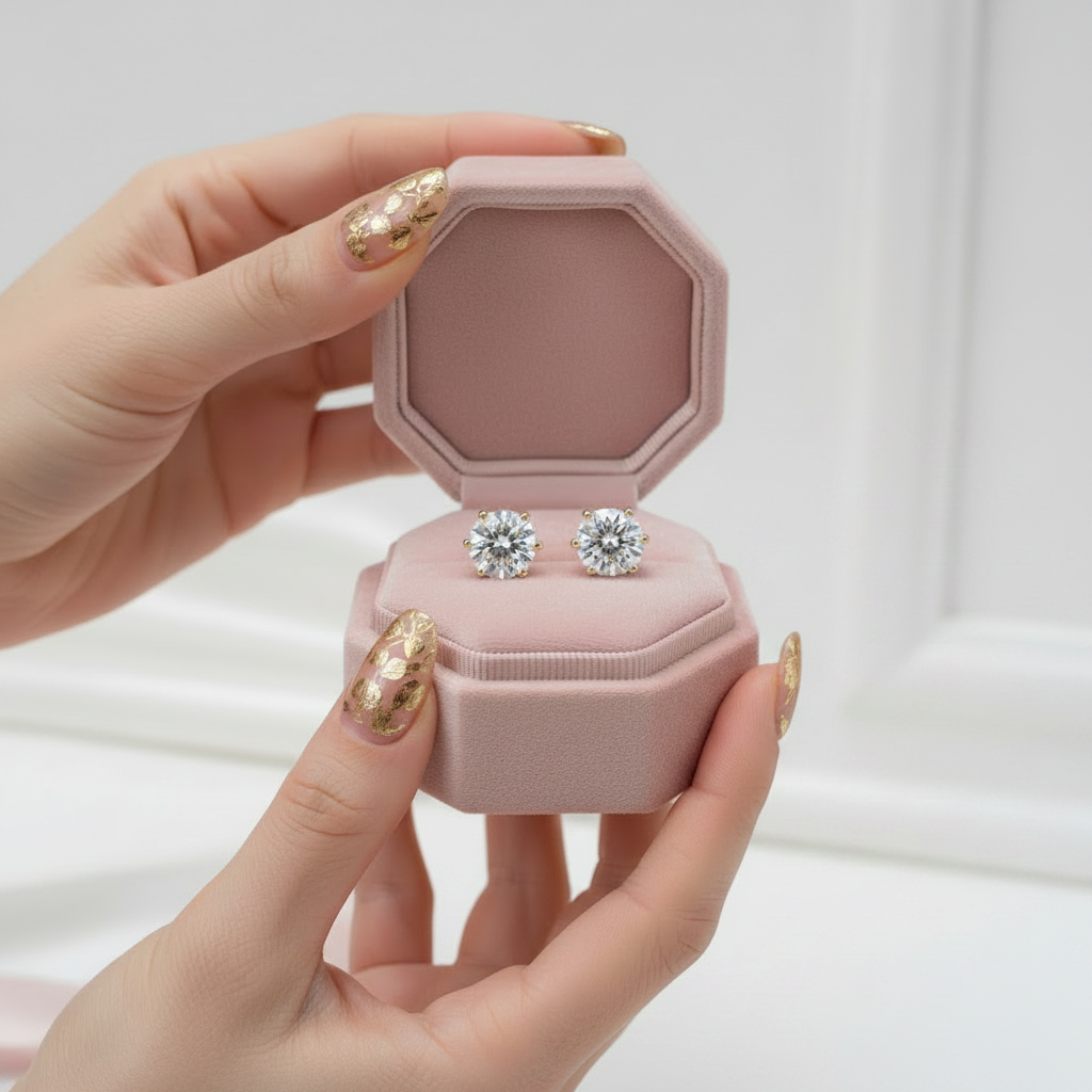 Pink jewelry box with diamond earrings held by a hand against a light background