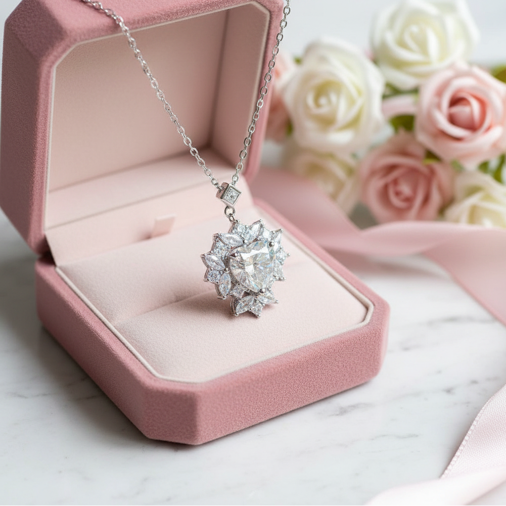 Diamond necklace in a pink jewelry box with flowers in the background
