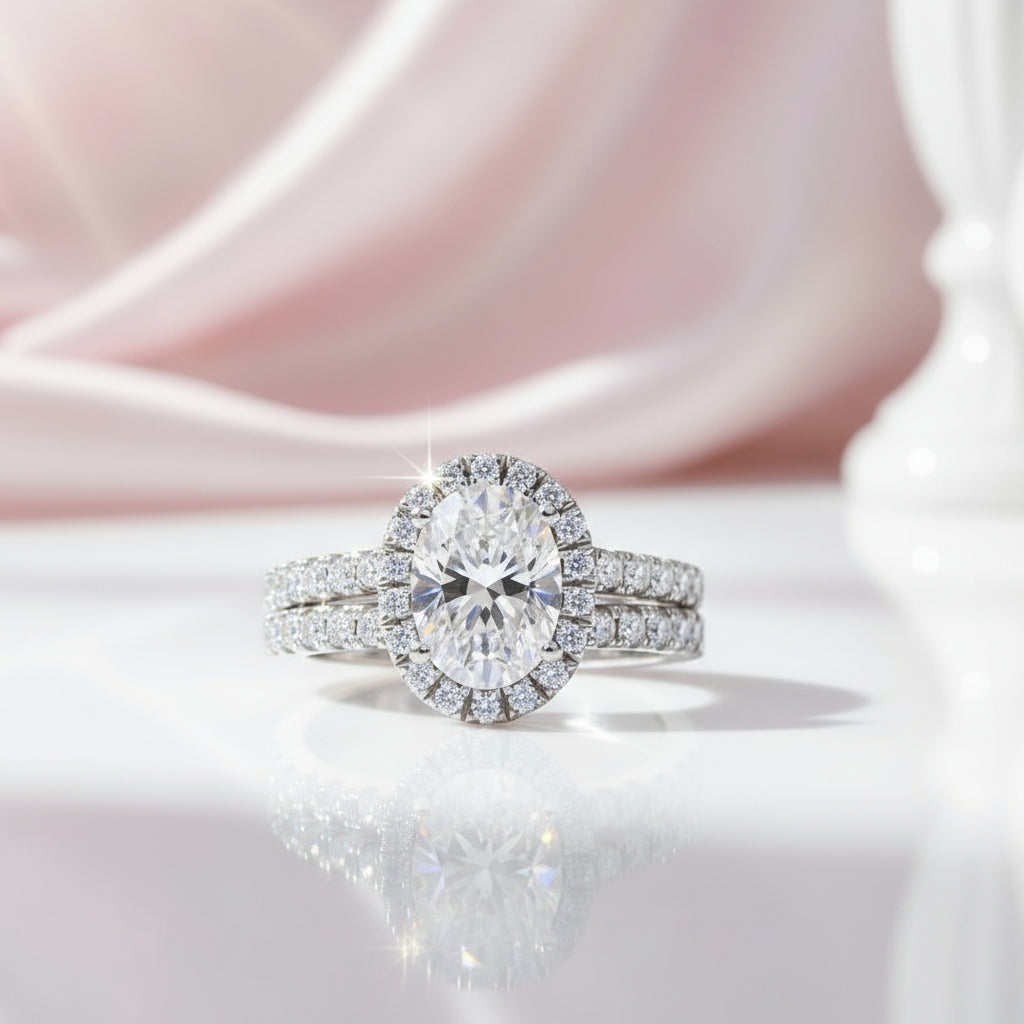 2.0 Ct Oval Cut Diamond Halo Engagement Ring Set-Black Diamonds New York