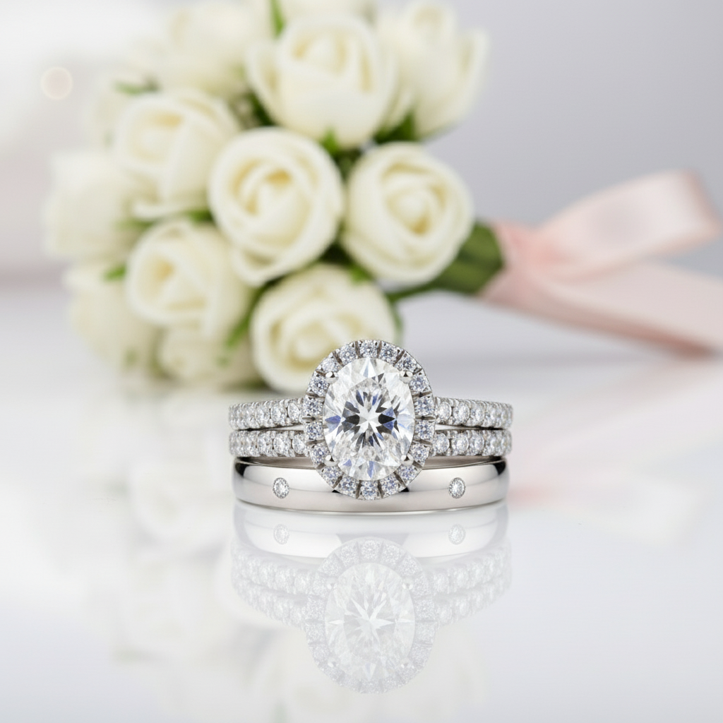 2.0 Ct Oval Cut Diamond Halo Engagement Ring Set-Black Diamonds New York