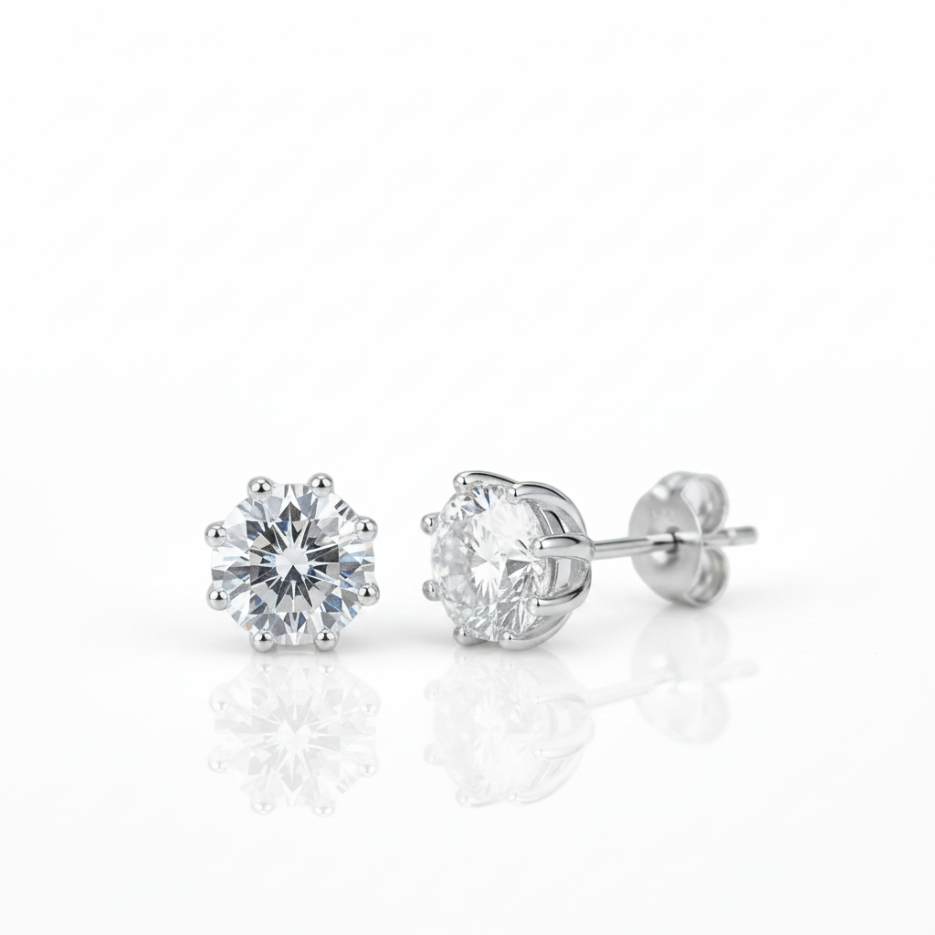 A pair of round-cut diamond stud earrings in a six-prong setting with polished silver-toned posts and backing, displayed on a reflective white surface.