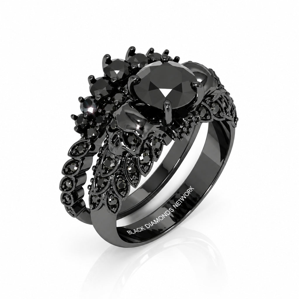 You're My Forever- 1.25 Carat Round Cut Diamond Option Skulls Promise Ring Set-Black Diamonds New York