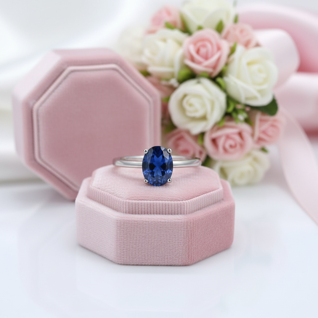 2.02Ct Oval Blue Sapphire Birthstone Engagement Ring-Black Diamonds New York