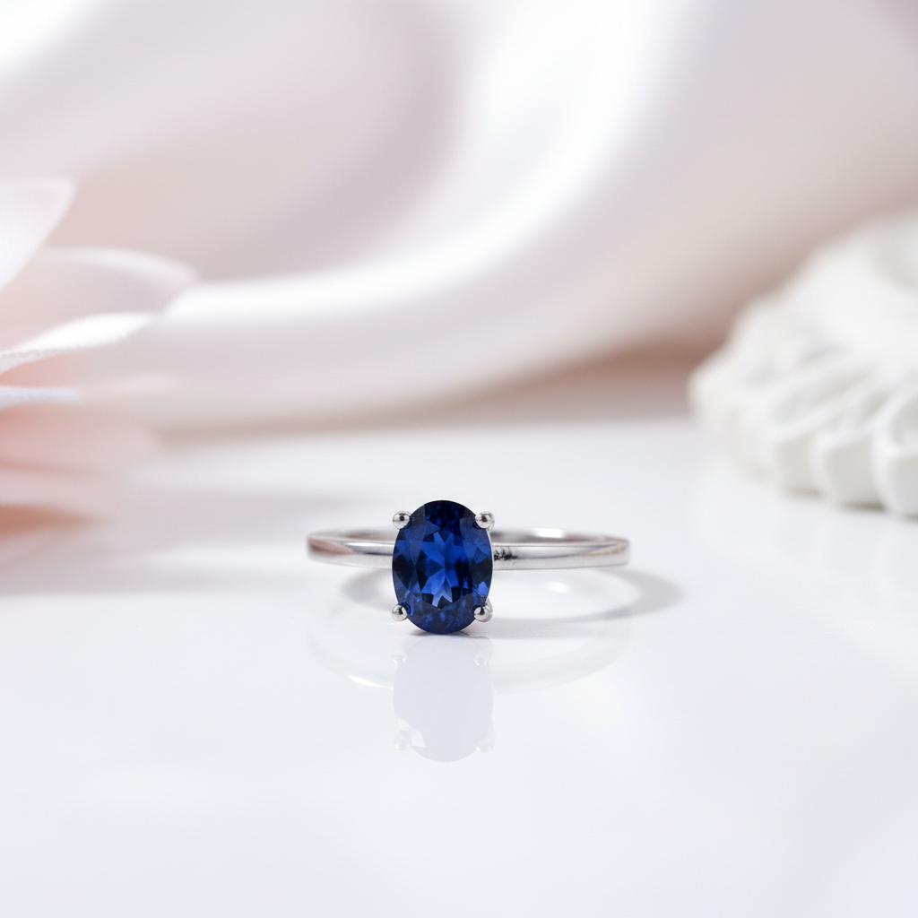2.02Ct Oval Blue Sapphire Birthstone Engagement Ring-Black Diamonds New York