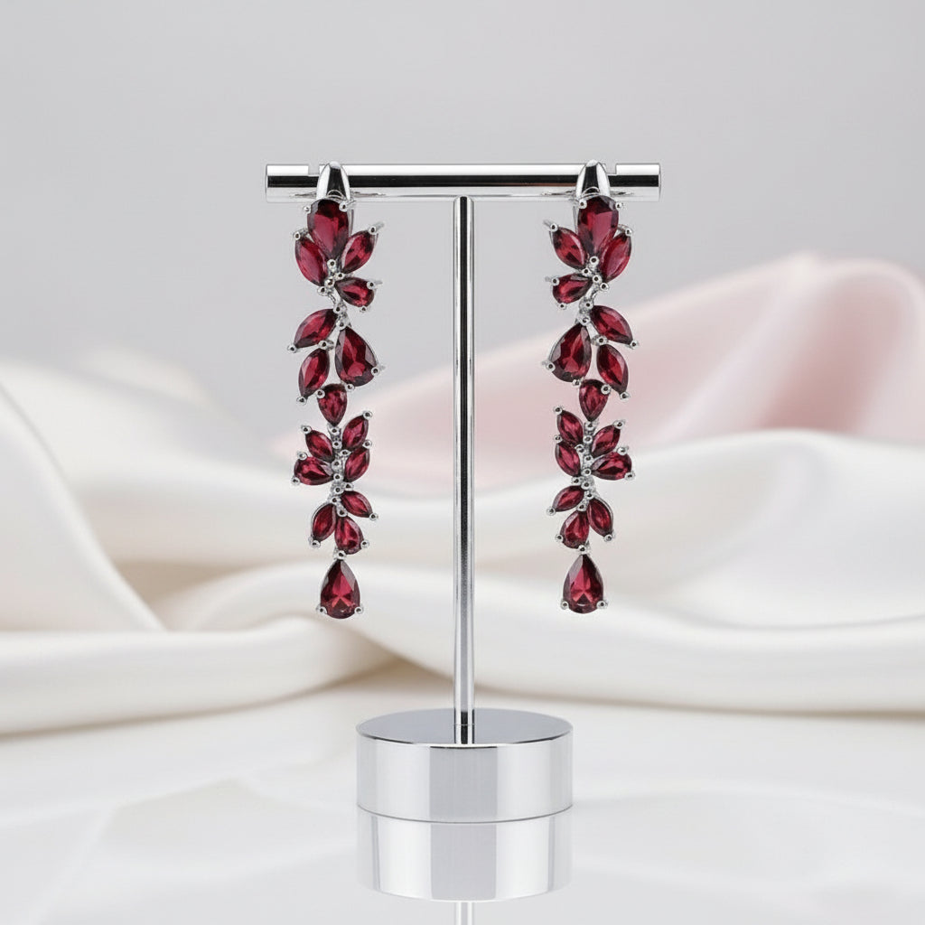 20.35 Ctw Natural Red Garnet Leaves Elegant Drop Earrings-Black Diamonds New York