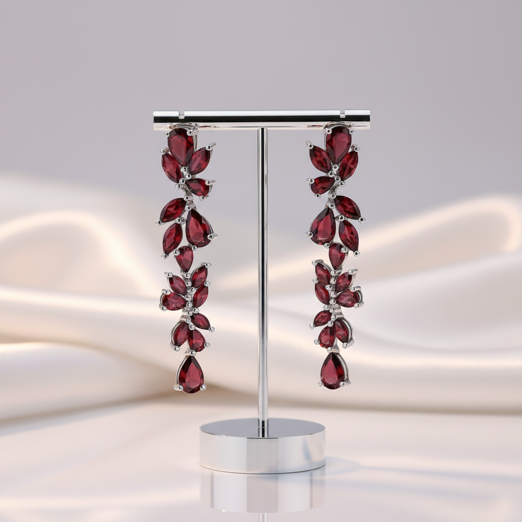 20.35 Ctw Natural Red Garnet Leaves Elegant Drop Earrings-Black Diamonds New York