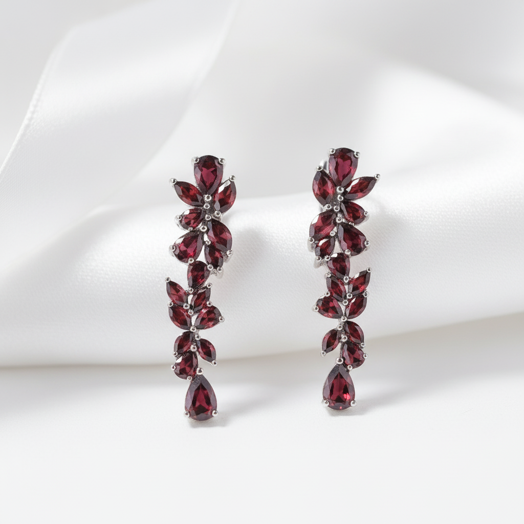 20.35 Ctw Natural Red Garnet Leaves Elegant Drop Earrings-Black Diamonds New York