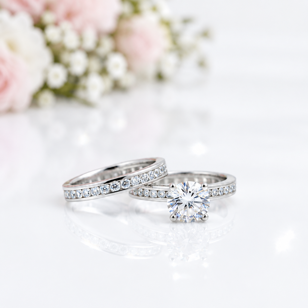 Two silver rings with clear gemstones, including an engagement ring with a round center stone and a band of small stones, displayed on a reflective white surface with soft pink flowers blurred in the background.