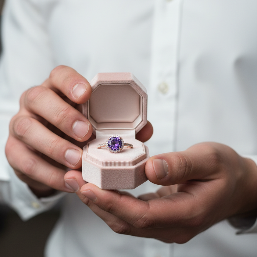 2.0ct Round Cut Amethyst Purple Halo Engagement Ring-Black Diamonds New York