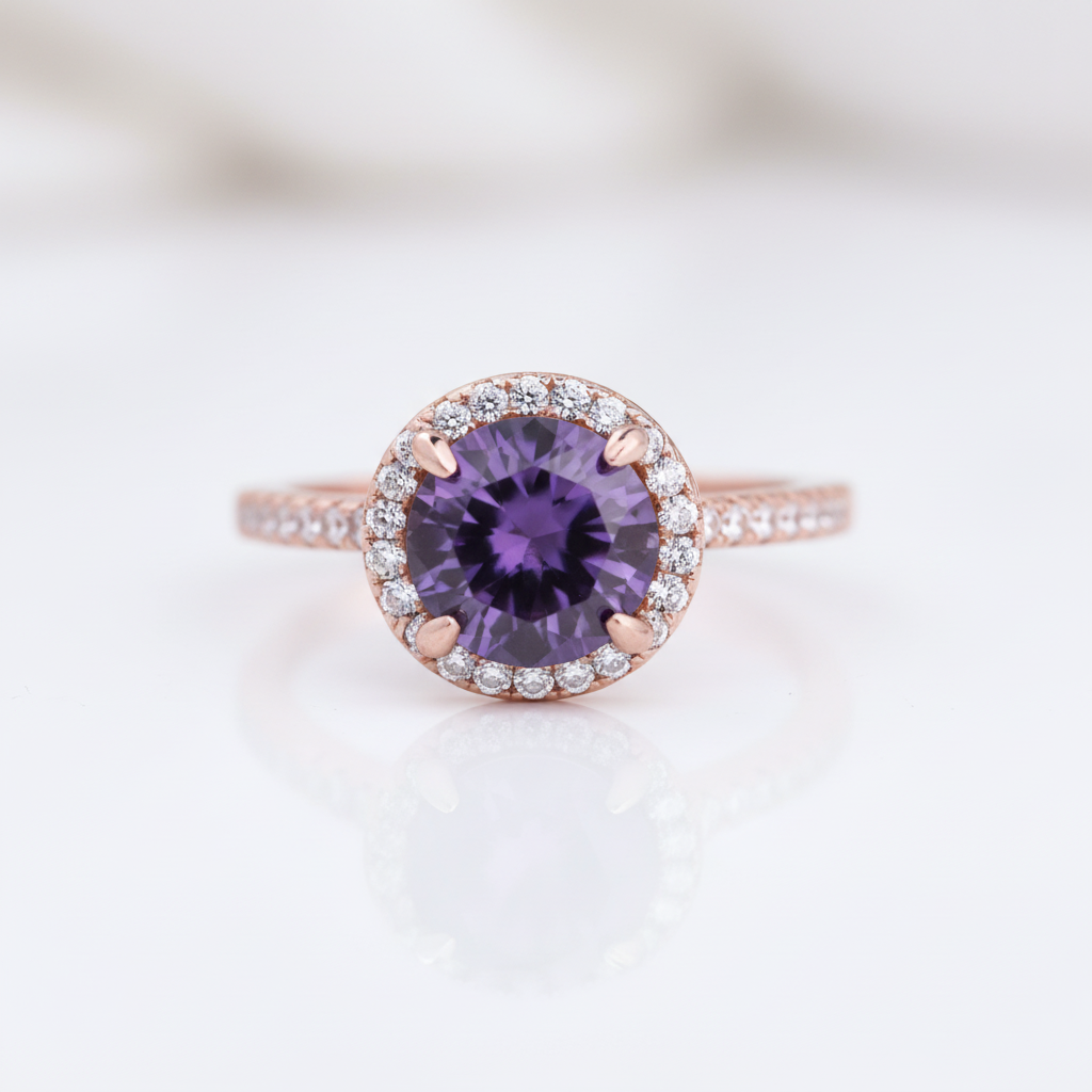 2.0ct Round Cut Amethyst Purple Halo Engagement Ring-Black Diamonds New York
