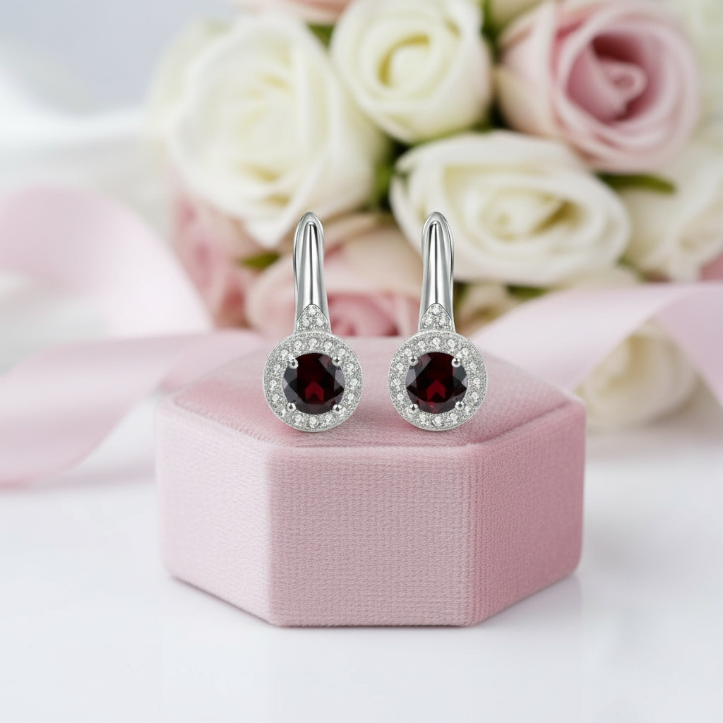 2.10 Ct Round Red Garnet Stud Earrings-Black Diamonds New York