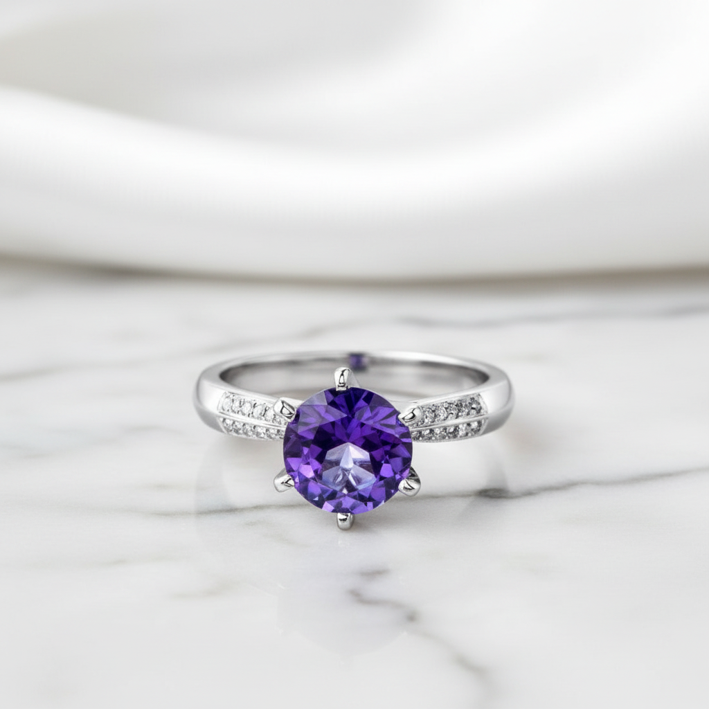 14k White Gold 2ct Purple Topaz 0.1ct Diamond Option Ring-Black Diamonds New York