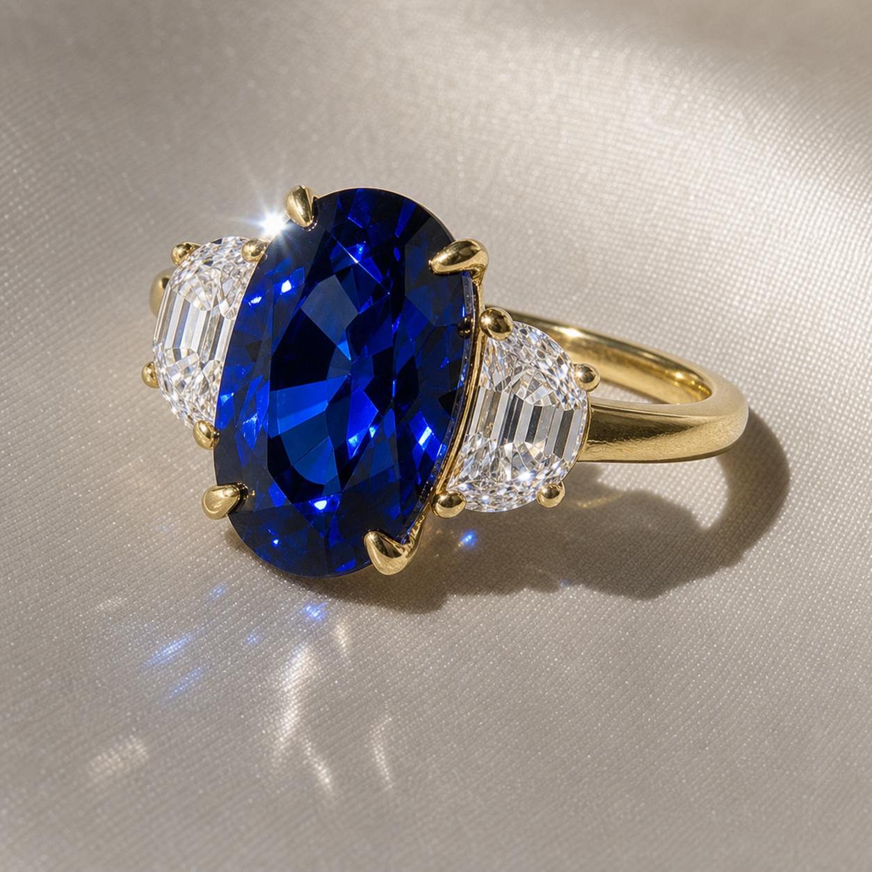 3.5ct Three Stone Blue Sapphire Oval Cut Yellow Gold Engagement Ring-Black Diamonds New York